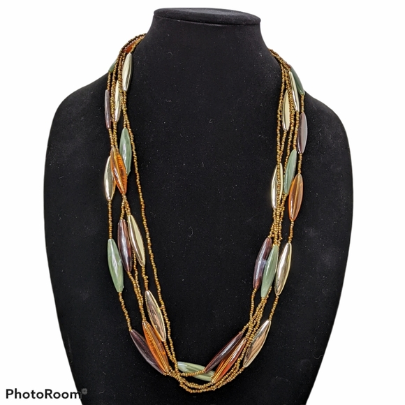 Necklace Beaded Multistrand Green Brown Gold - Picture 4 of 6